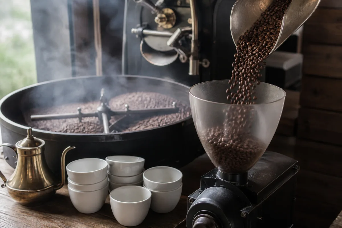Grains de café fraîchement torréfiés versés dans la trémie d&rsquo;un moulin de comptoir