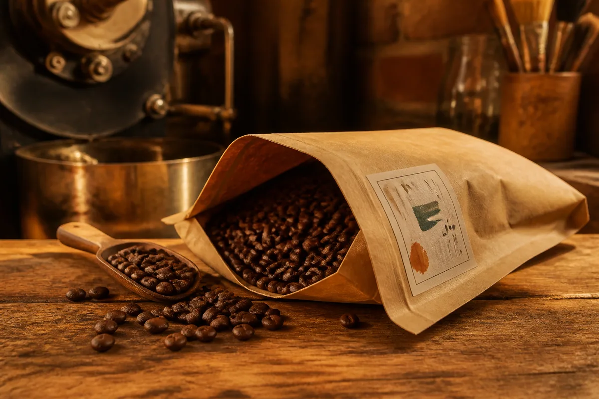 Sac de café ouvert laissant apparaître l&rsquo;étiquette d&rsquo;origine et la date de cuisson