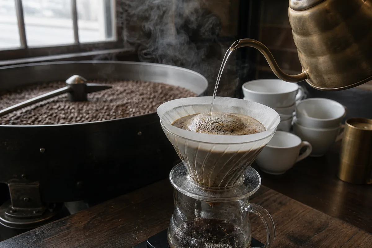 Versement en spirale d&rsquo;eau chaude sur une couche de café moulu dans un cône filtre