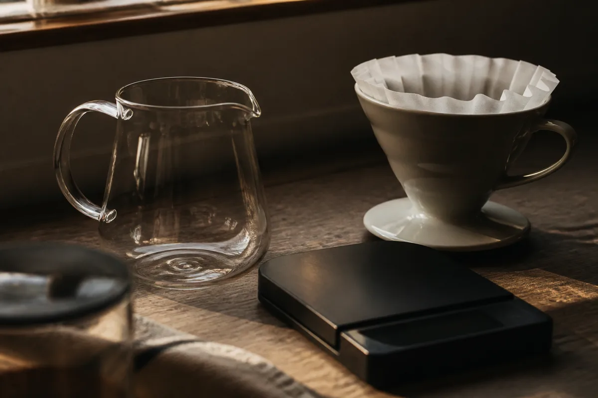 Carafe en verre et balance de cuisine posées près d&rsquo;un cône filtre garni de son papier