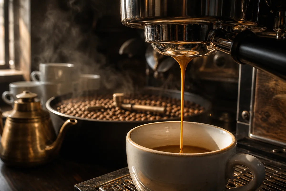 Extraction d&rsquo;un espresso s&rsquo;écoulant en filet régulier depuis un porte-filtre