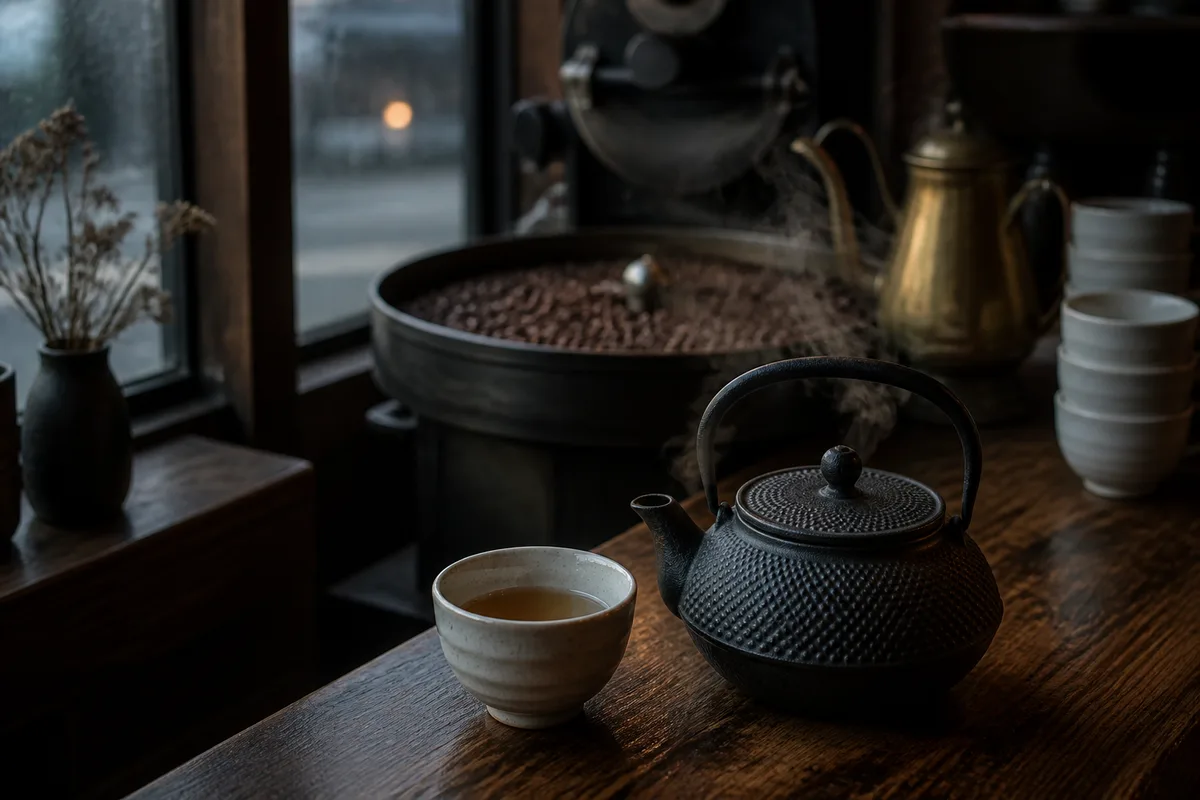 Théière en fonte et tasse posées sur une table de bois près d&rsquo;une fenêtre