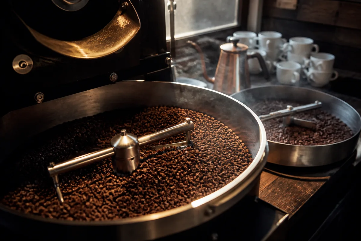 Grains de café en cours de cuisson dans le tambour d&rsquo;un torréfacteur artisanal