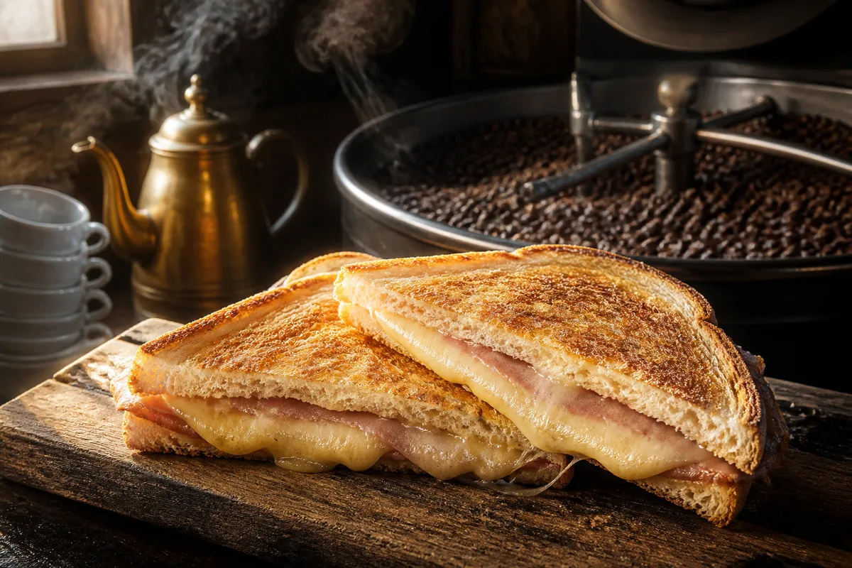 Tosta mista dorée coupée en deux, le fromage fondu apparent